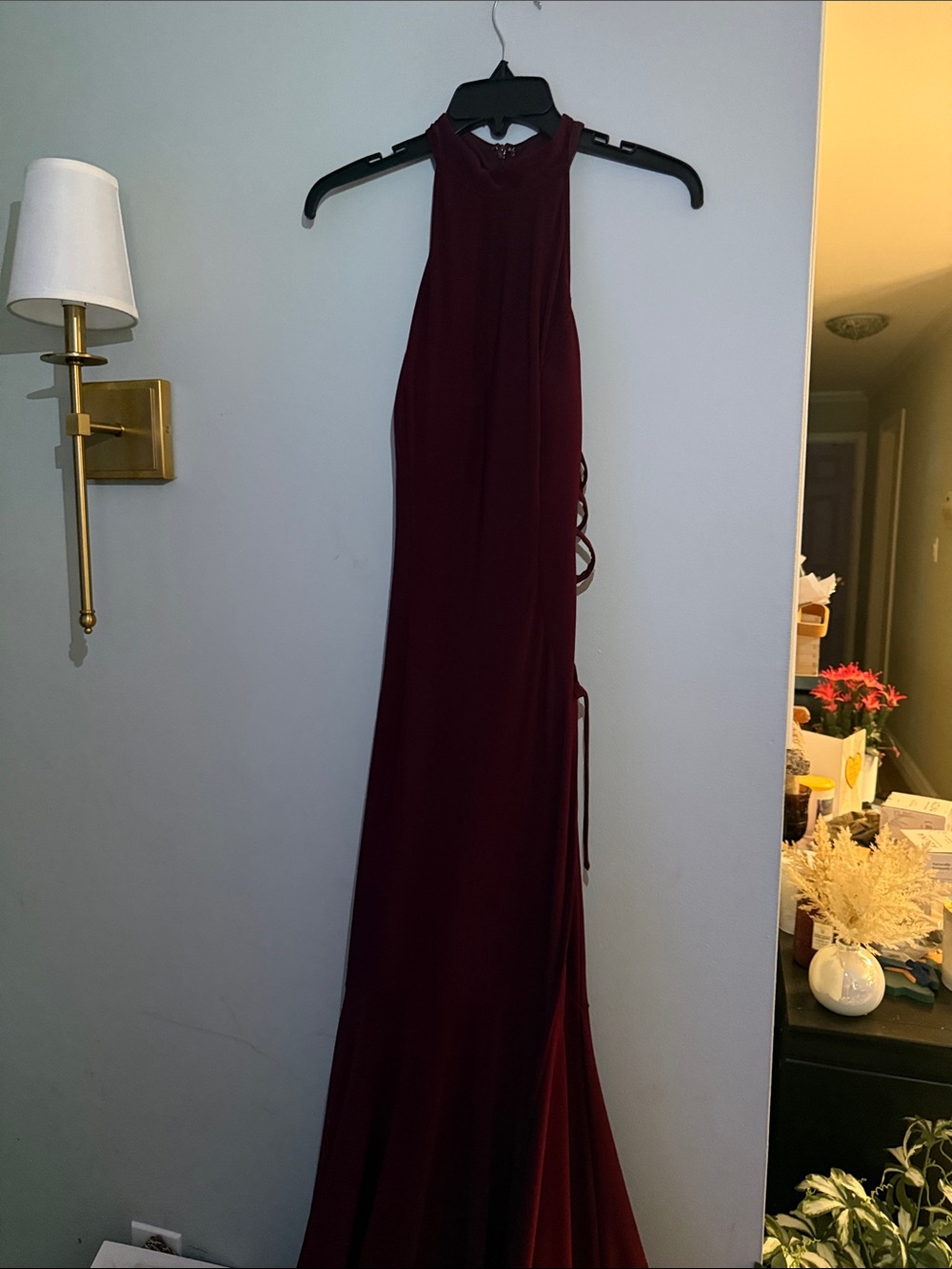 Jovani Burgundy Halter-Style Maxi Gown
